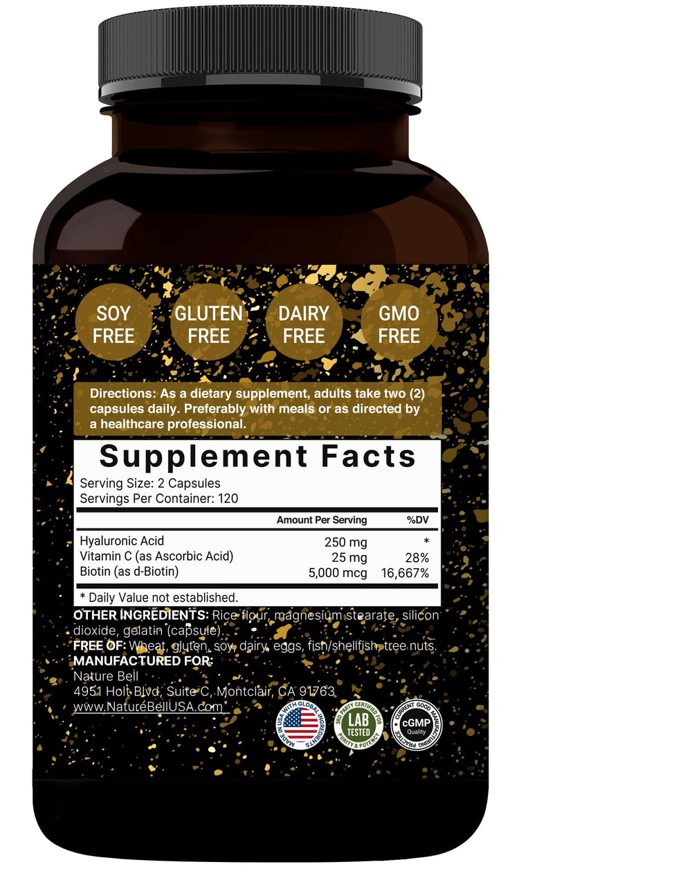 NatureBell skin, hair, and joint care graphic illustrating multi-benefit use.