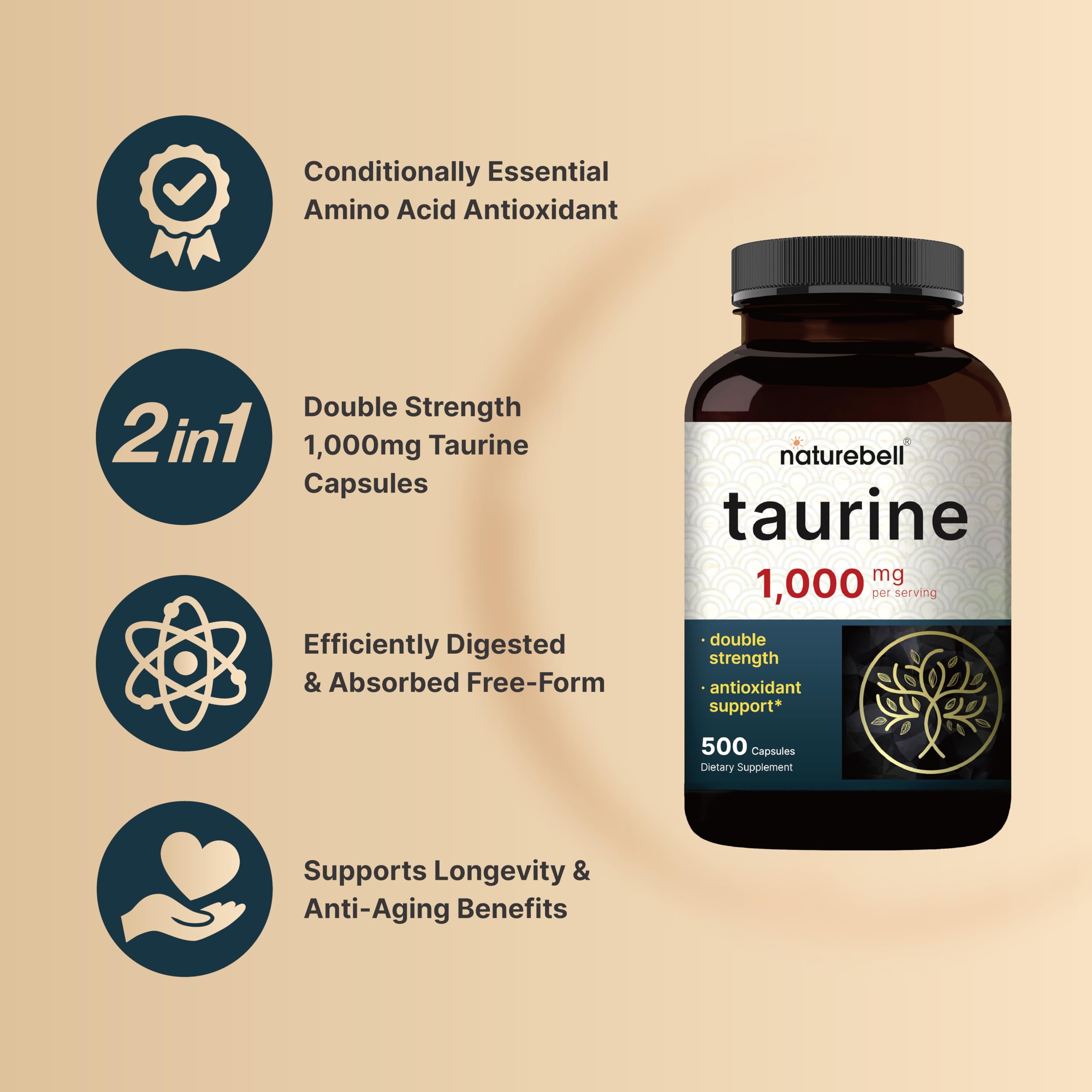 NatureBell Taurine bottle back label notes non-GMO, gluten-free ingredients