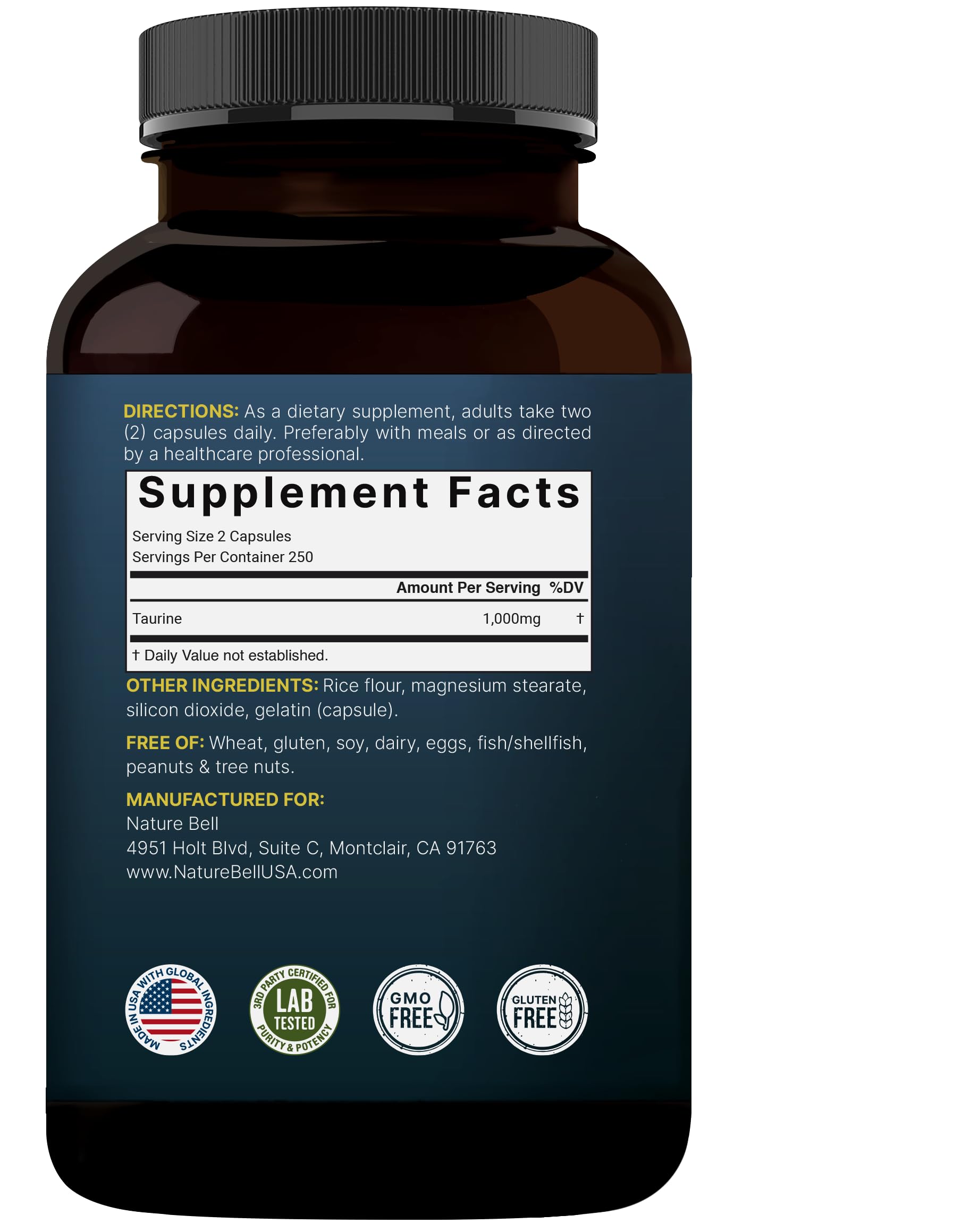 NatureBell Taurine lab test icon indicates safety and potency verification