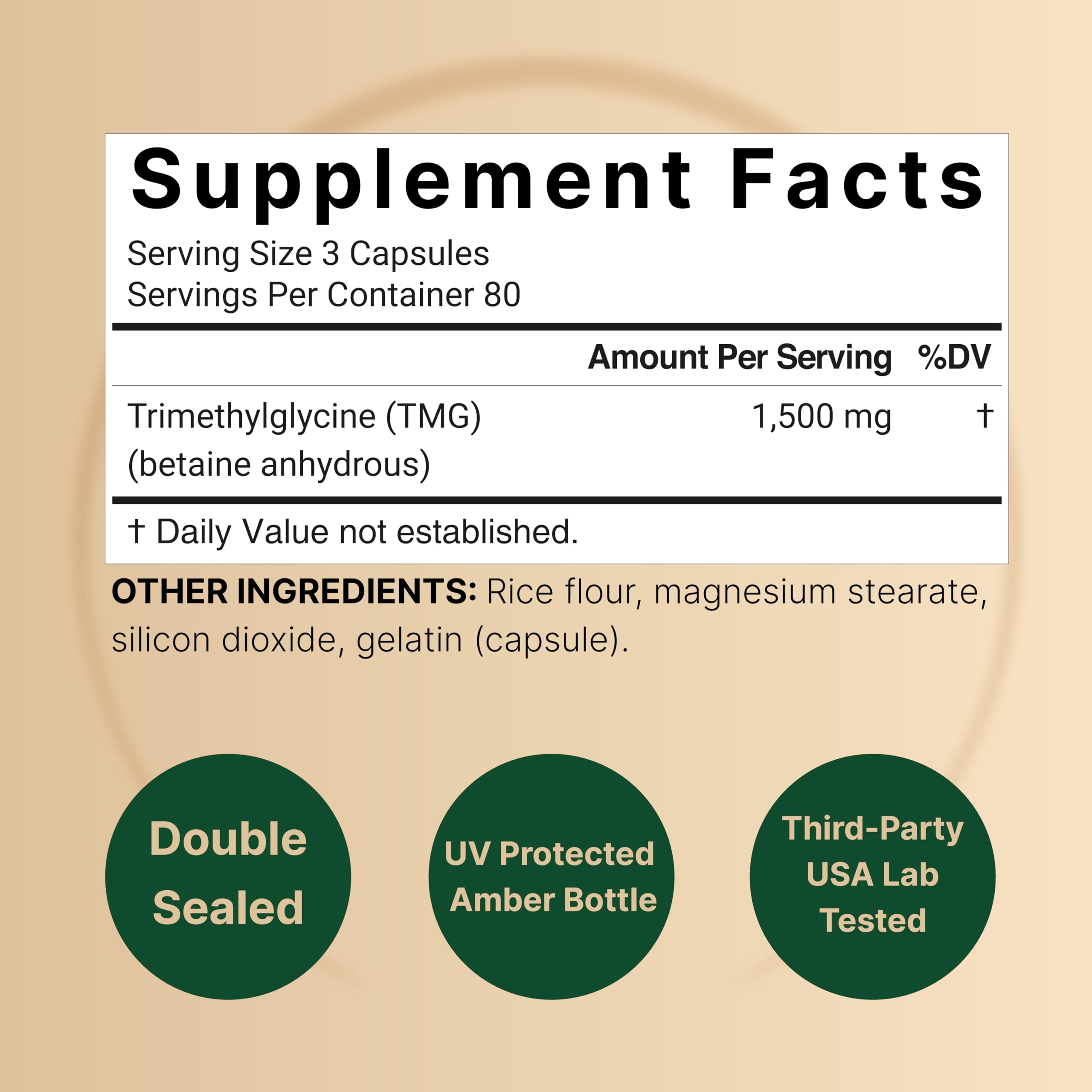 NatureBell TMG label close-up showing non-GMO and gluten-free formula