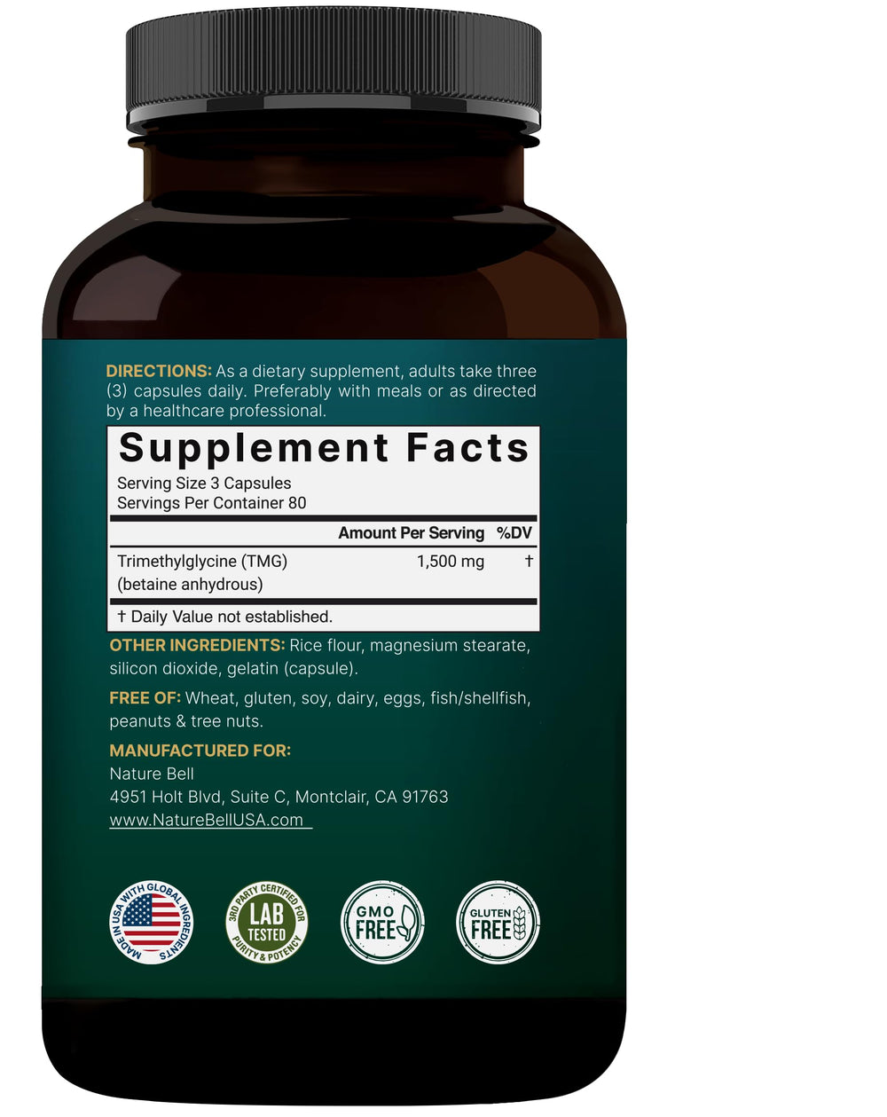 NatureBell TMG third-party testing seal affirming safety and potency