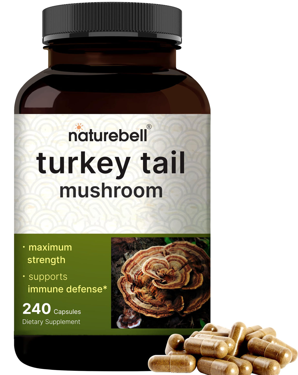 NatureBell Turkey Tail capsules bottle on shelf highlighting immune support potential