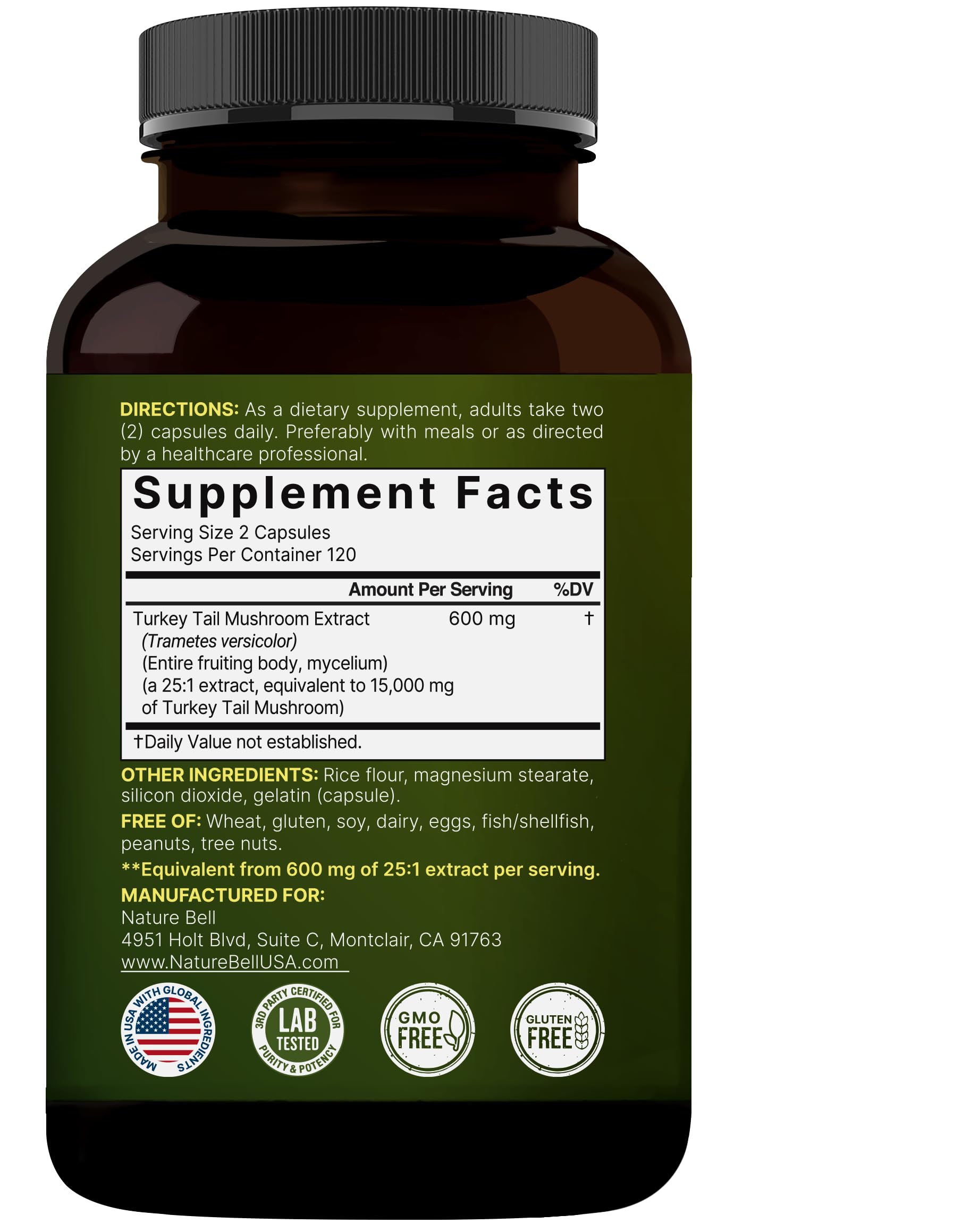 NatureBell Turkey Tail capsules on a counter imply a simple daily ritual