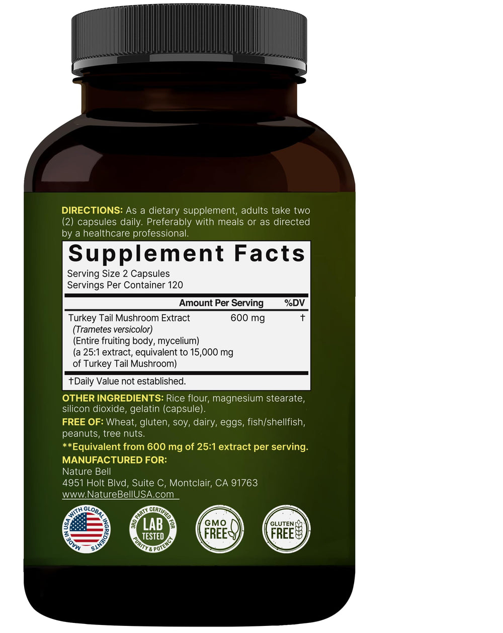 NatureBell Turkey Tail capsules on a counter imply a simple daily ritual
