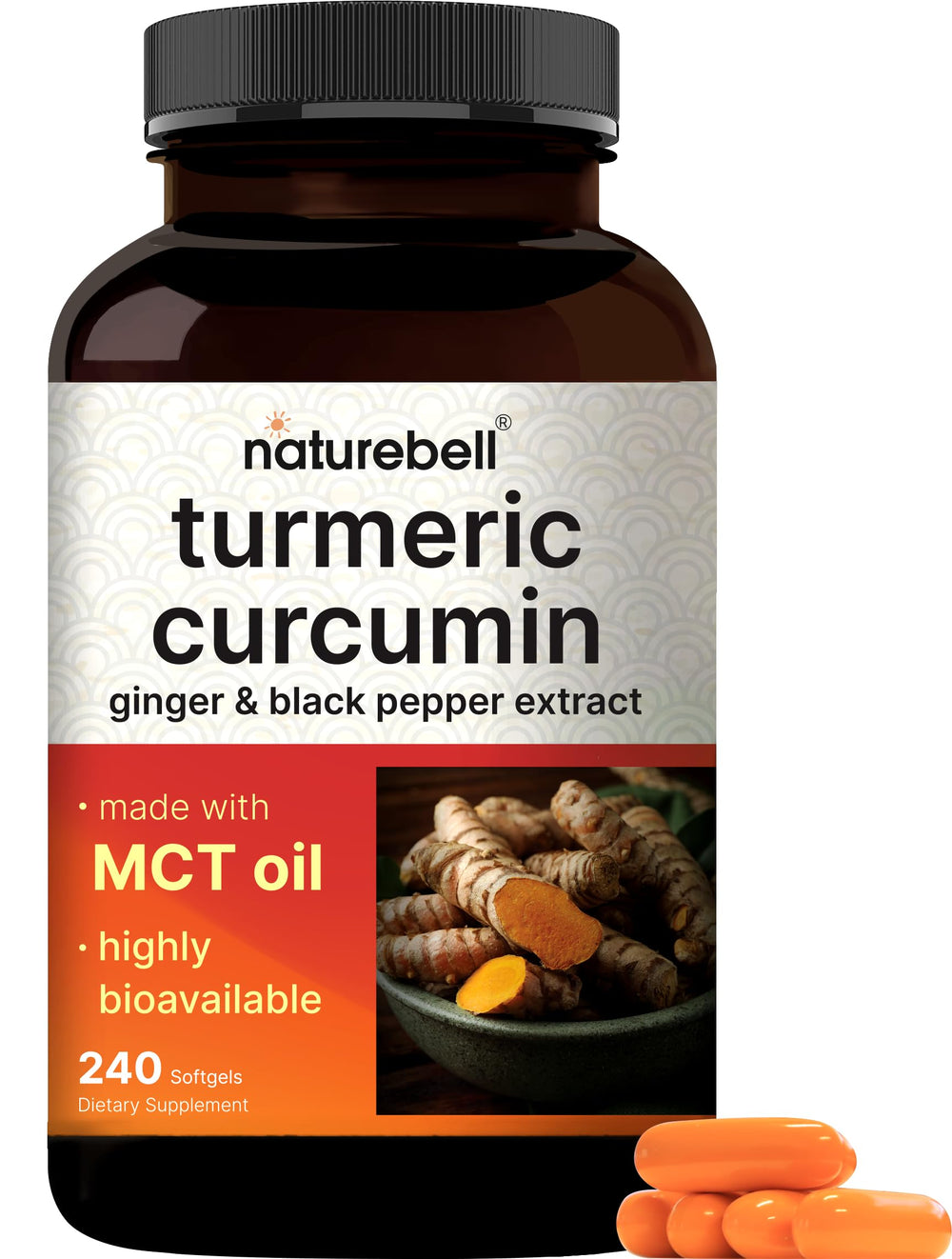 NatureBell turmeric-curcumin softgels front view for daily joint support.