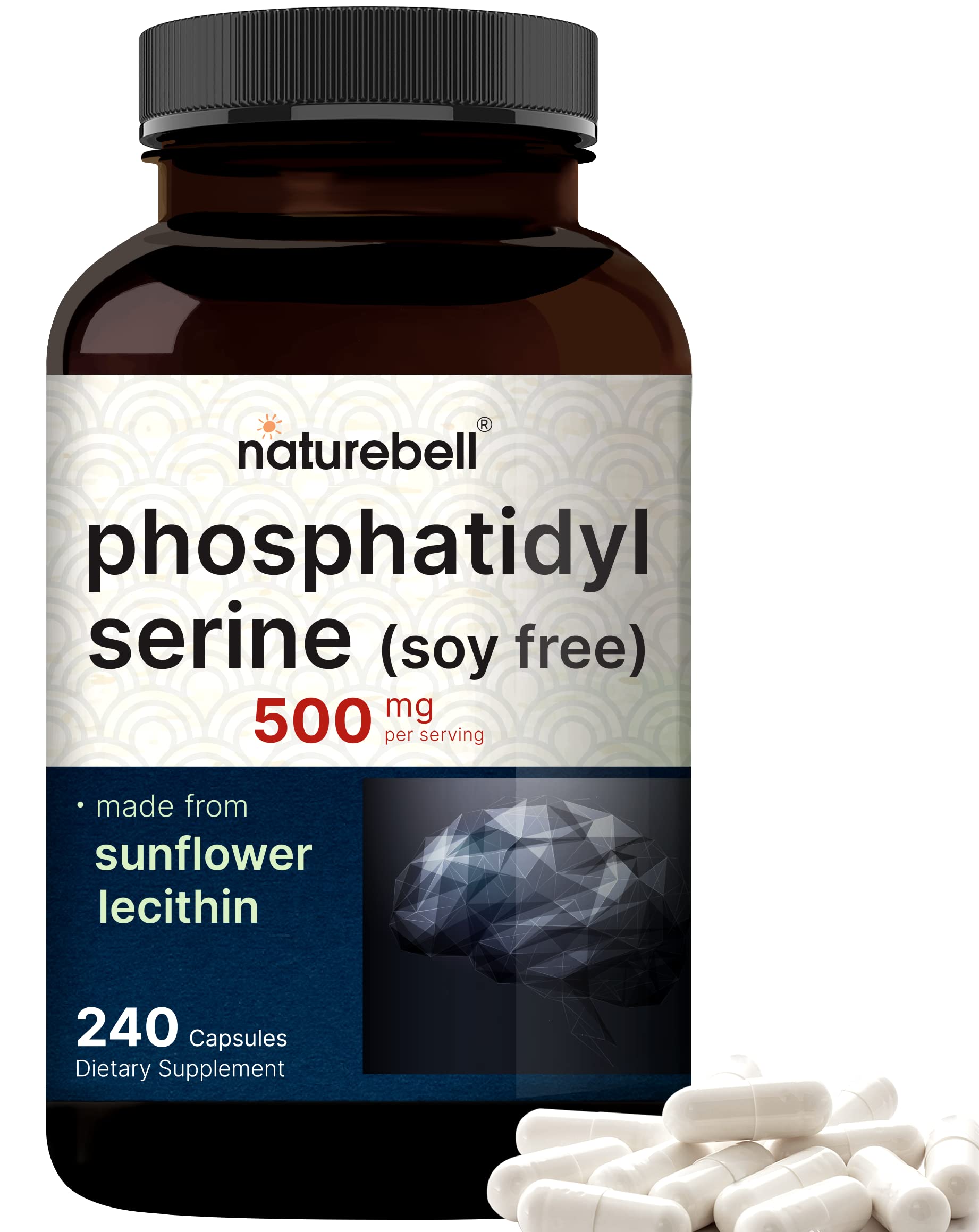 NatureBell Ultra Strength PS 500mg bottle with capsules for daily cognitive support.