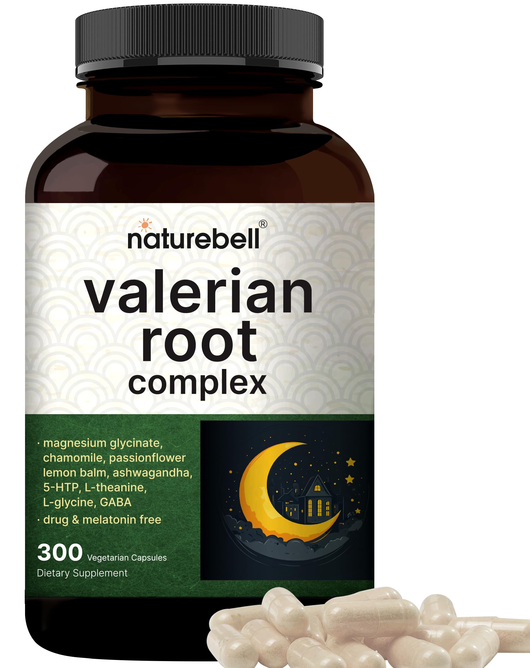 NatureBell Valerian Root bottle front showing calm evening appeal and sleep support.