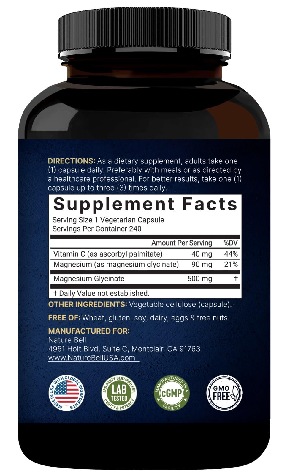 NatureBell magnesium glycinate capsule on packaging, non-GMO