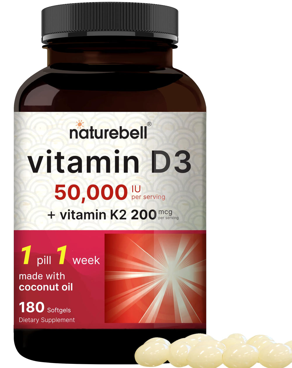 NatureBell Vitamin D3 K2 softgels bottle with coconut oil infusion for better absorption and bone support