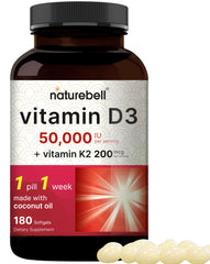 NatureBell Vitamin D3 K2 softgels bottle with coconut oil infusion for better absorption and bone support