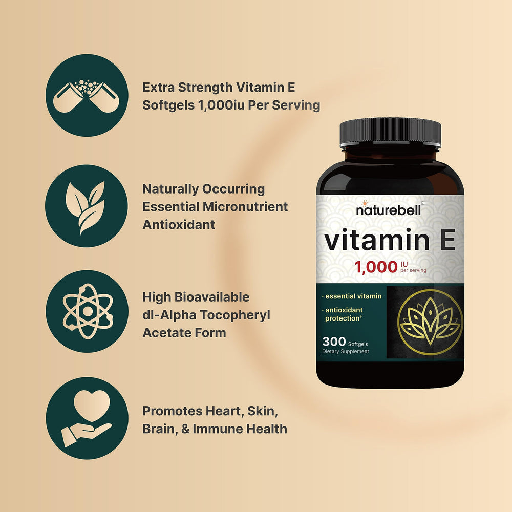 NatureBell Vitamin E Softgels label closeup shows stable, bioavailable dl-alpha tocopheryl acetate
