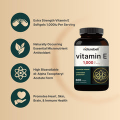 NatureBell Vitamin E Softgels label closeup shows stable, bioavailable dl-alpha tocopheryl acetate