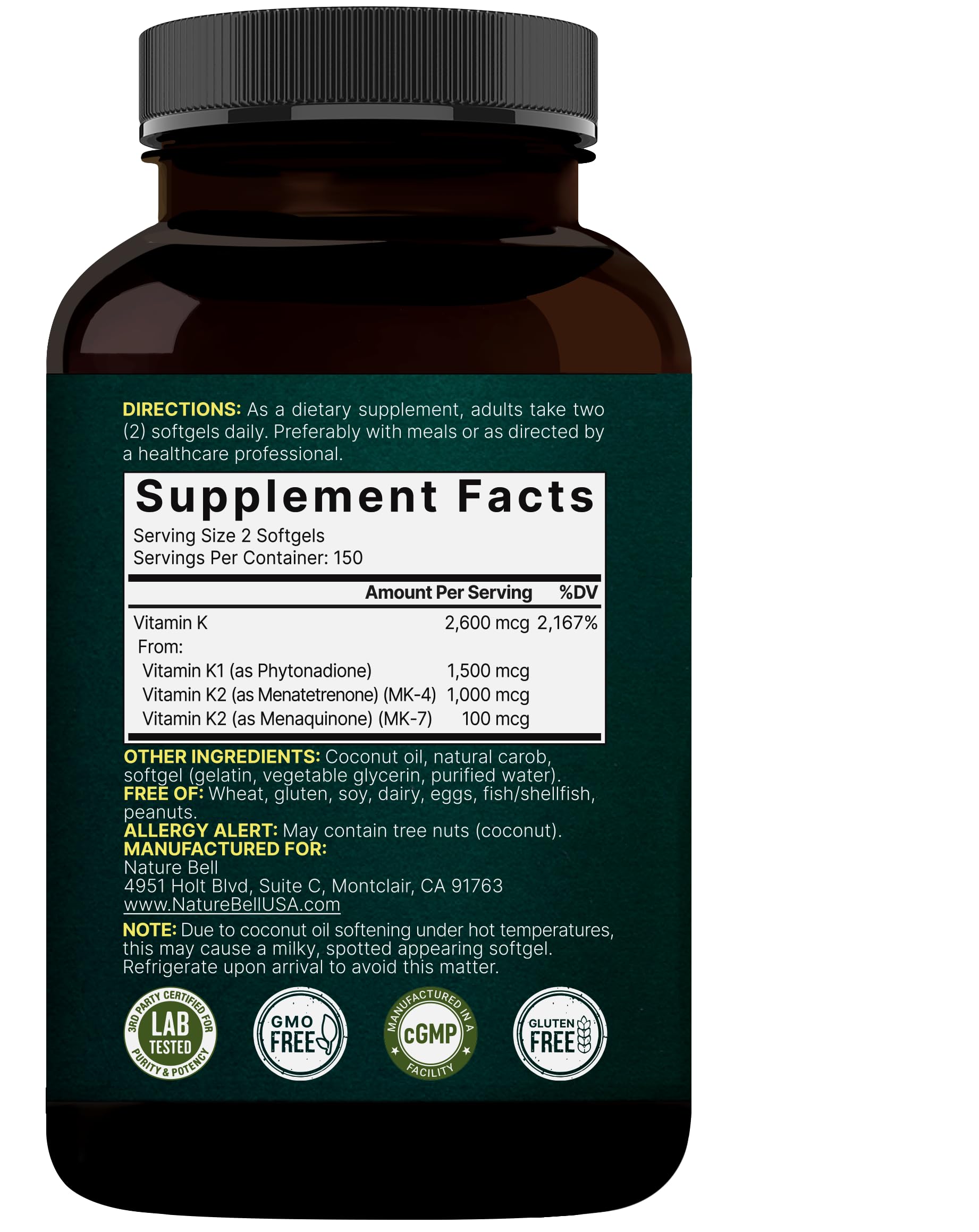 Icons suggesting heart and bone support alongside NatureBell Vitamin K Complex
