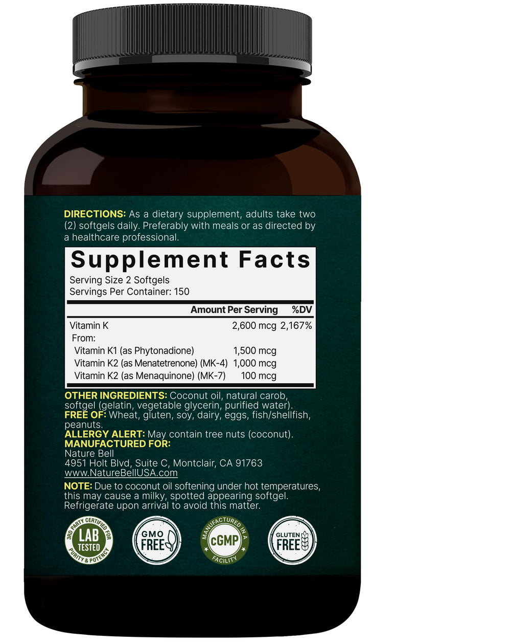 Icons suggesting heart and bone support alongside NatureBell Vitamin K Complex