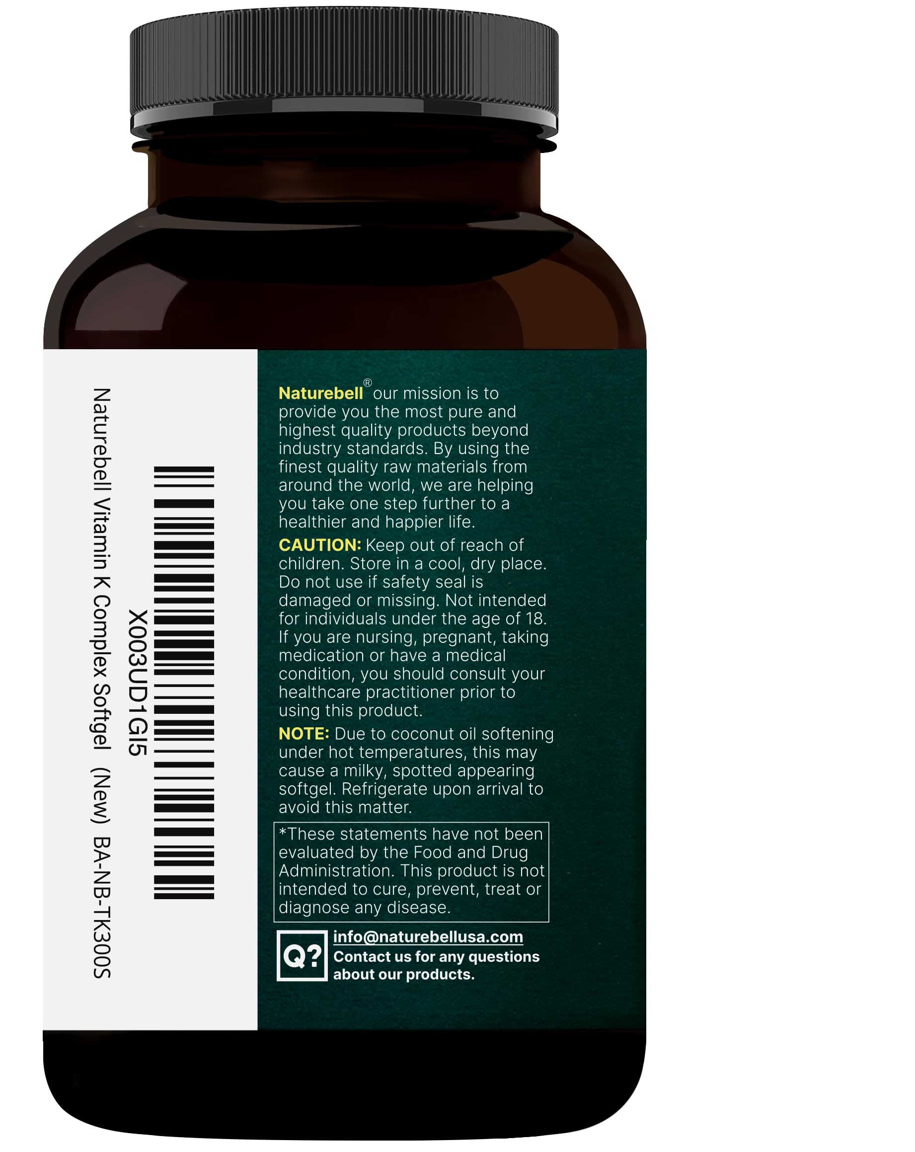 Non-GMO and allergen-free badge on NatureBell Vitamin K Complex label