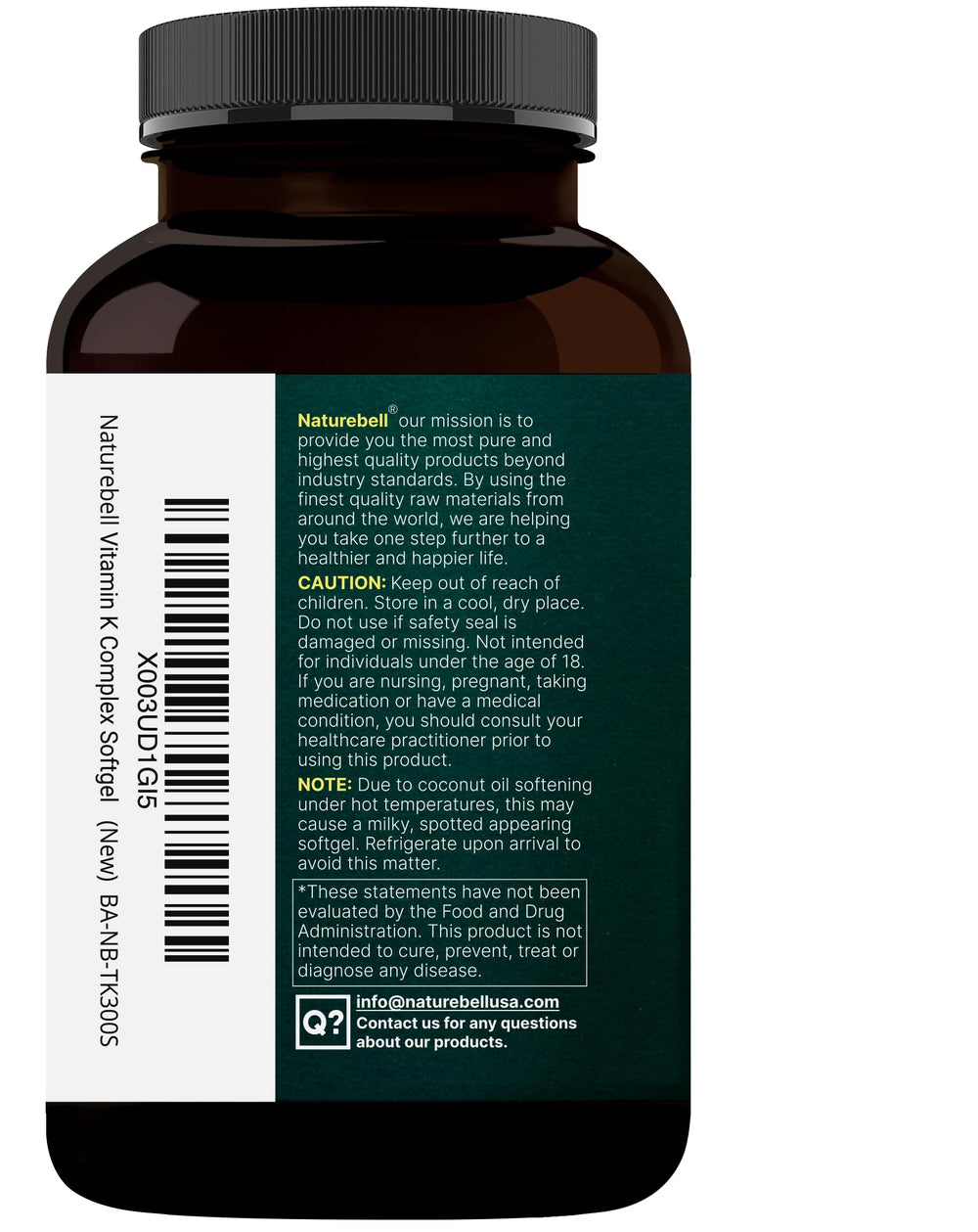 Non-GMO and allergen-free badge on NatureBell Vitamin K Complex label