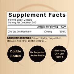 NatureBell zinc 100mg packaging back with allergen free claims