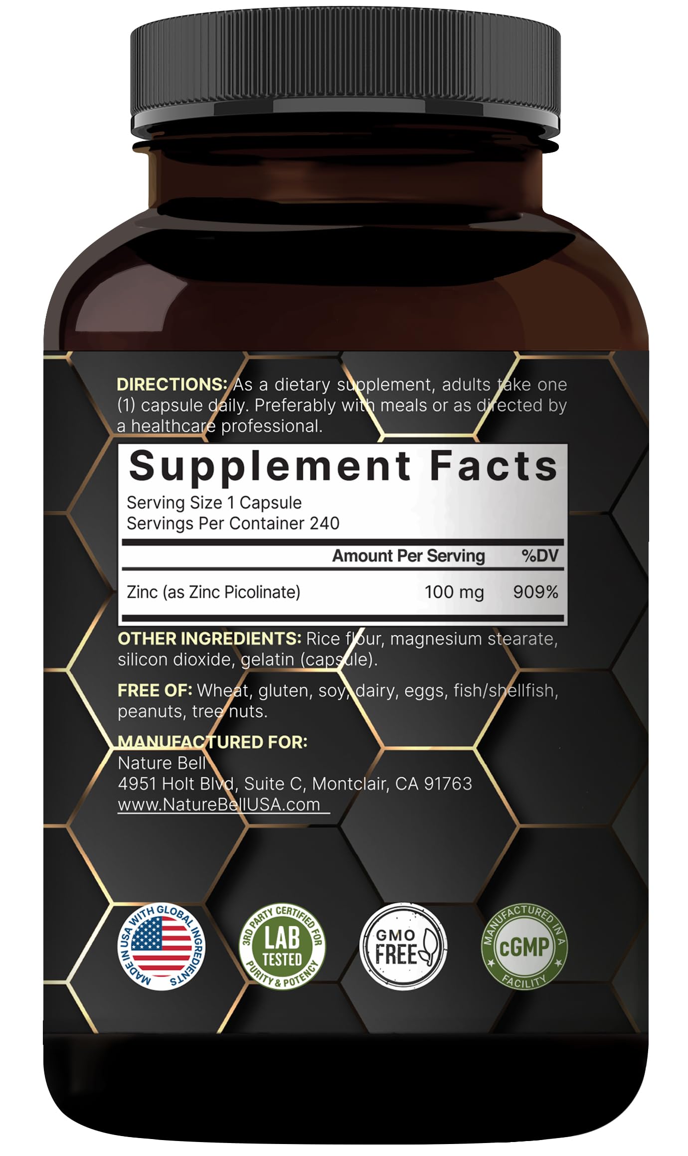 Bottle of NatureBell Zinc Picolinate 100mg with a glass of water for ingestion