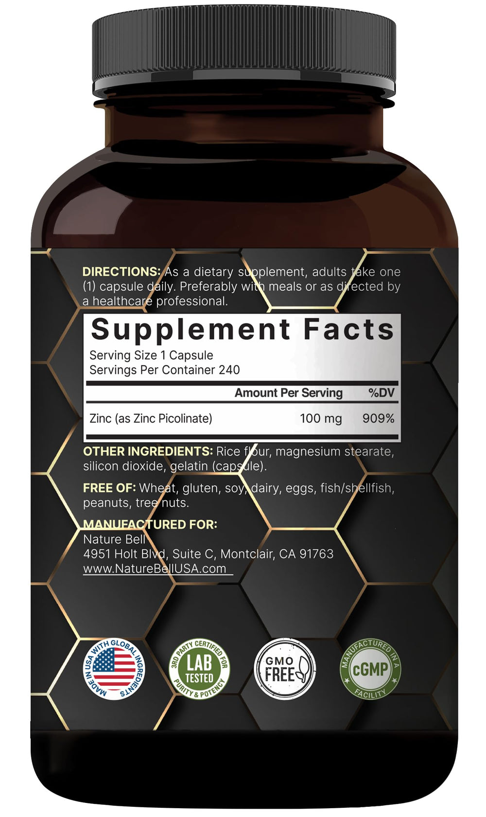 Bottle of NatureBell Zinc Picolinate 100mg with a glass of water for ingestion