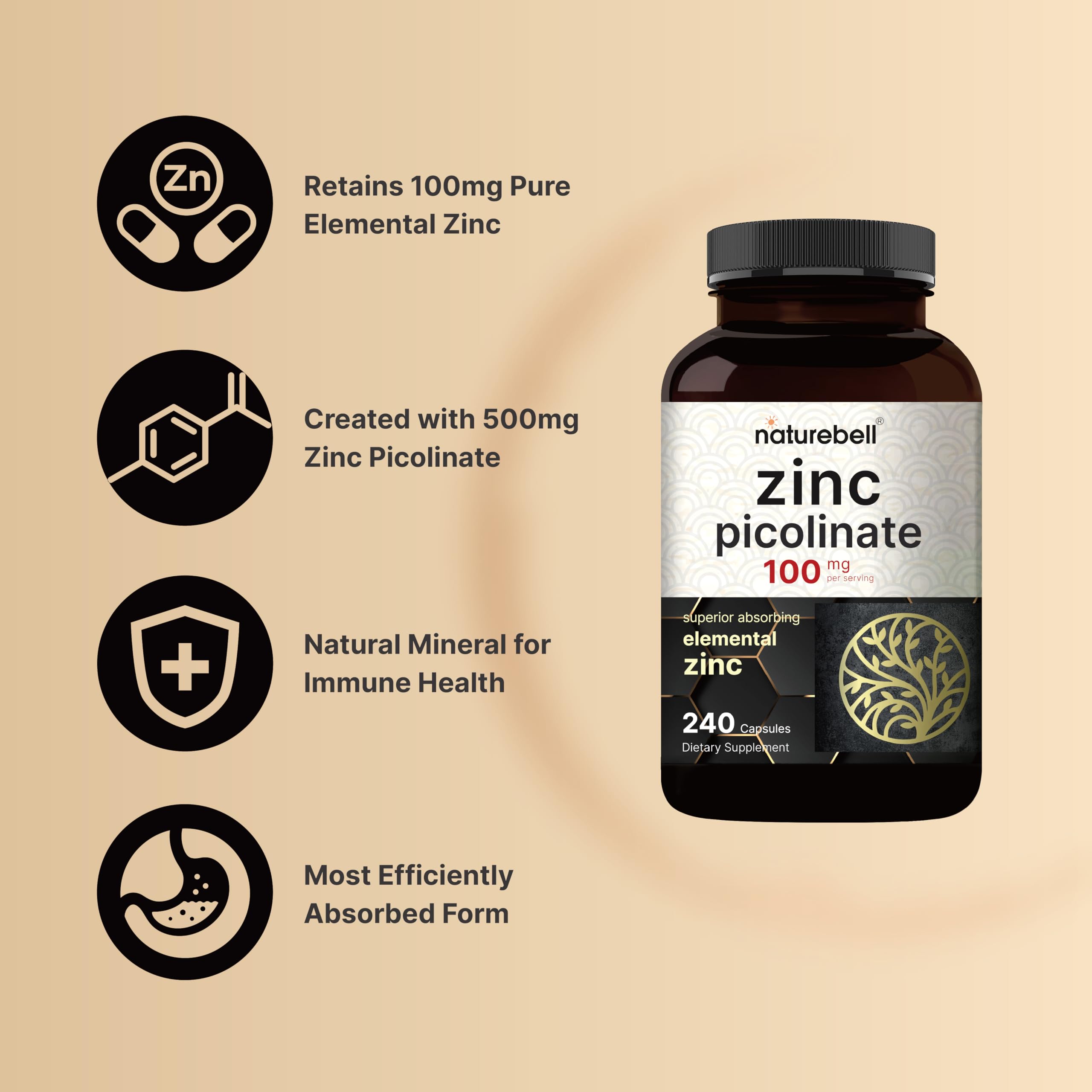 Label detail of NatureBell Zinc Picolinate 100mg showing purity and formulation