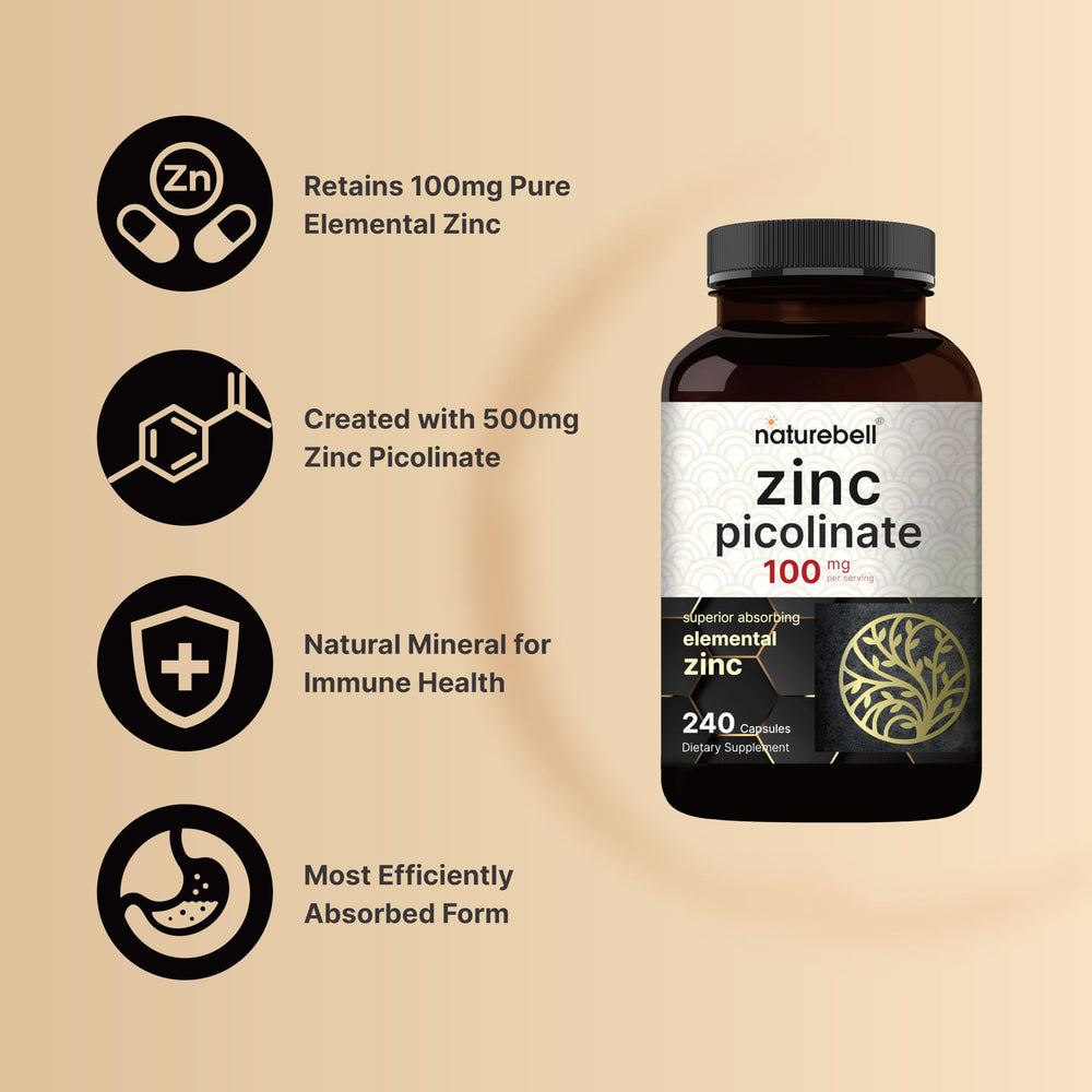 Label detail of NatureBell Zinc Picolinate 100mg showing purity and formulation