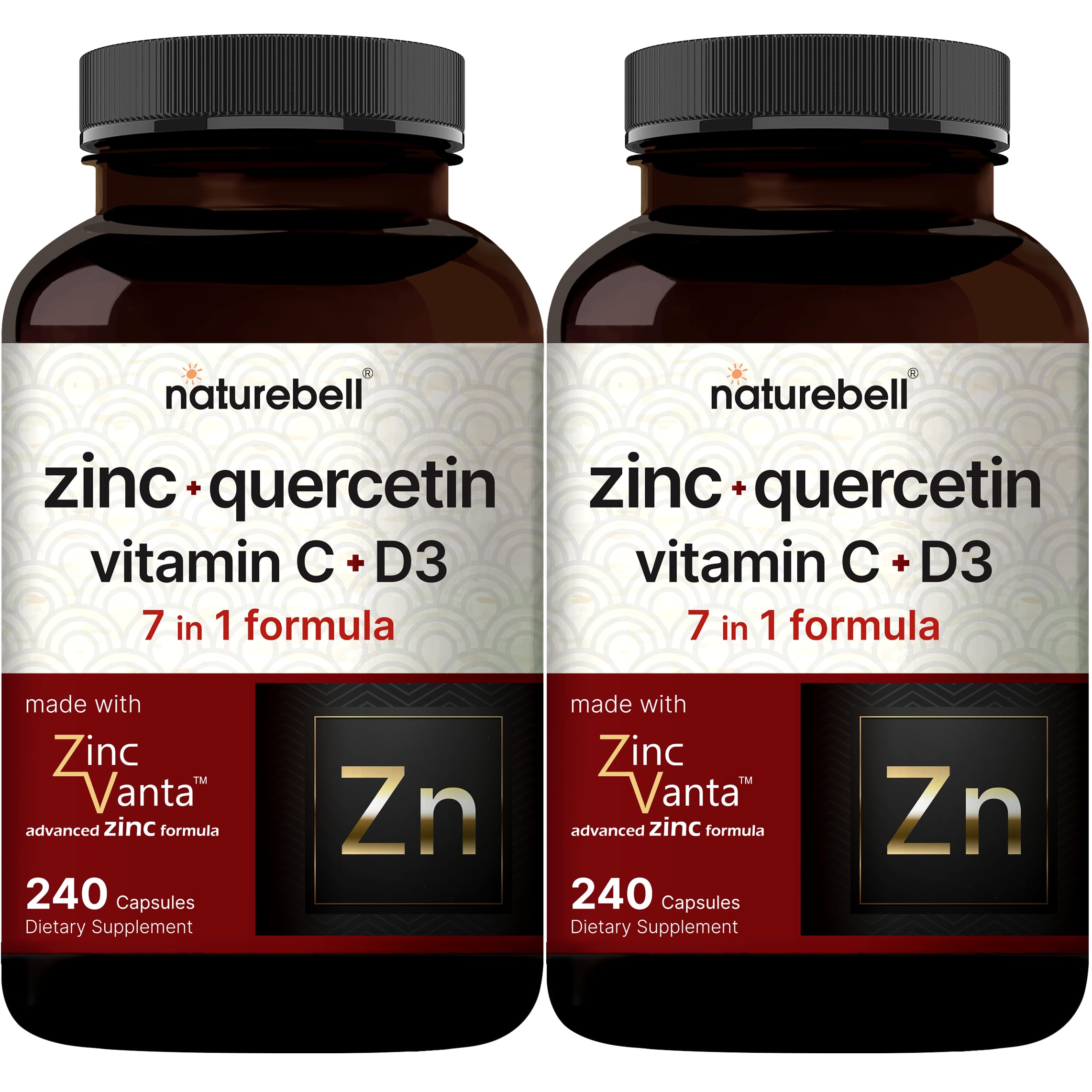 NatureBell Zinc Quercetin bottle front highlights a 4-in-1 immune and lung support formula