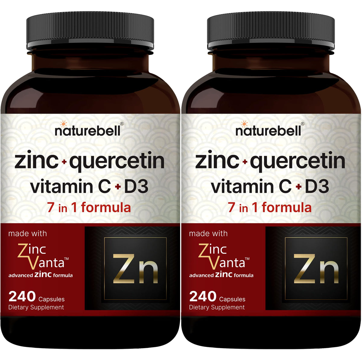NatureBell Zinc Quercetin bottle front highlights a 4-in-1 immune and lung support formula