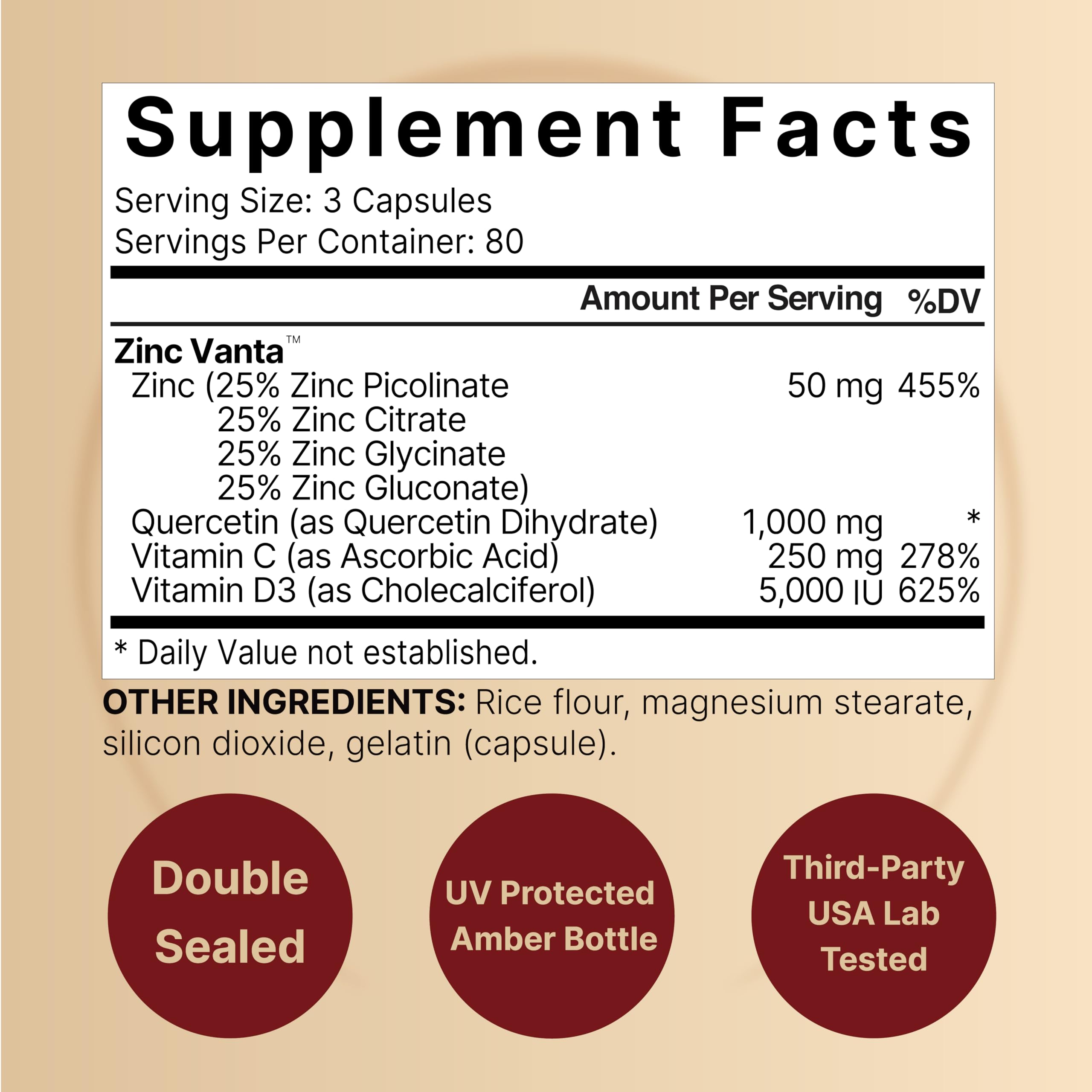 NatureBell Zinc Quercetin capsules closeup emphasizes 1,000mg quercetin per serving for daily resilience