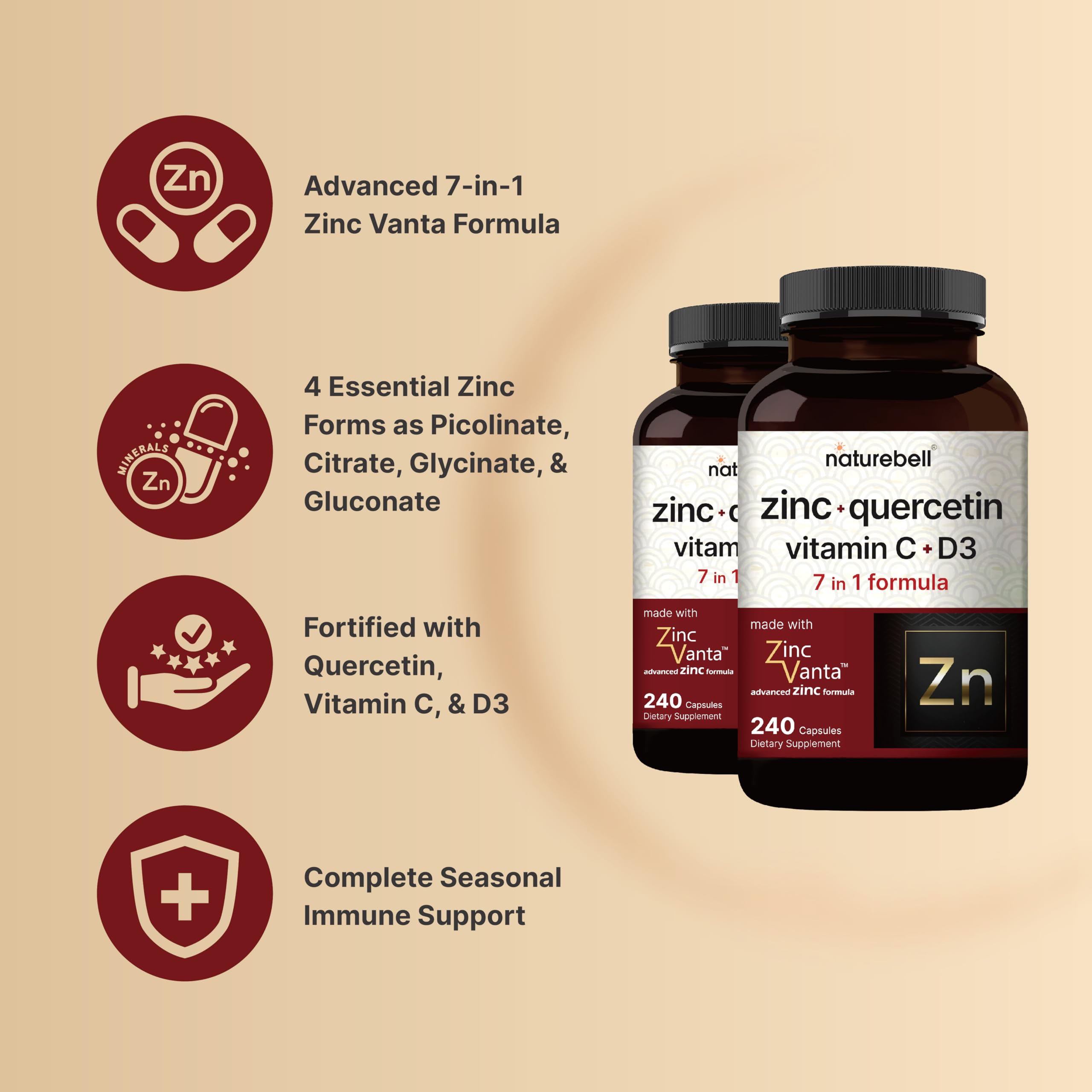 NatureBell Zinc Quercetin label detail shows Vitamin C and Vitamin D3 for essential daily nutrients