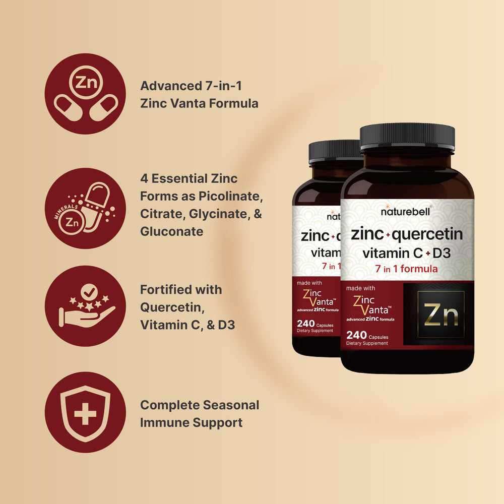 NatureBell Zinc Quercetin label detail shows Vitamin C and Vitamin D3 for essential daily nutrients
