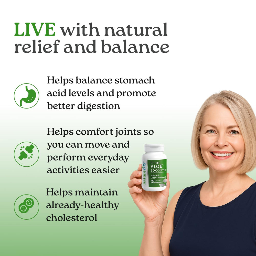 NatureCity True-Aloe bottle pouring capsules into a hand