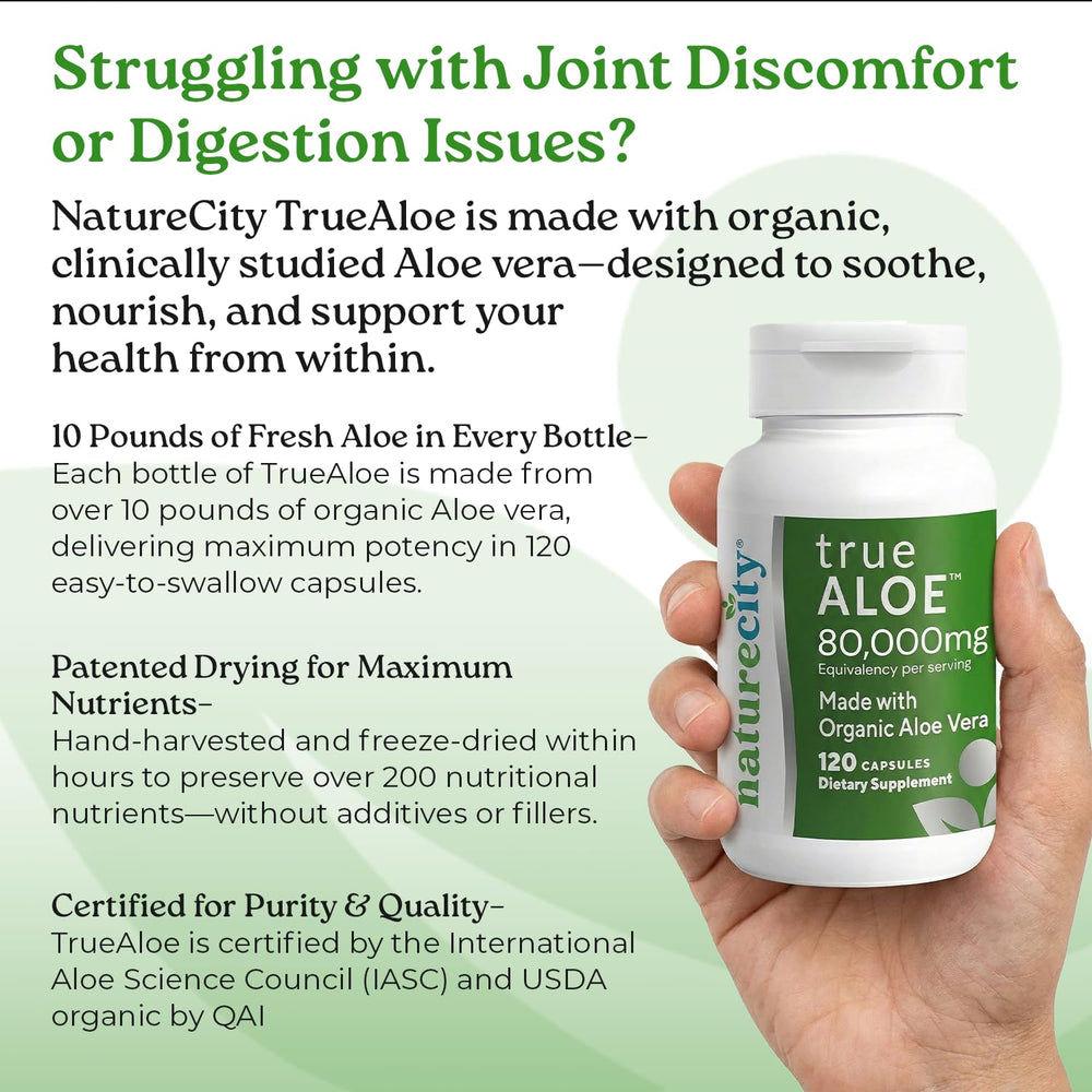 NatureCity True-Aloe label purity close-up emphasizing organic aloe sources