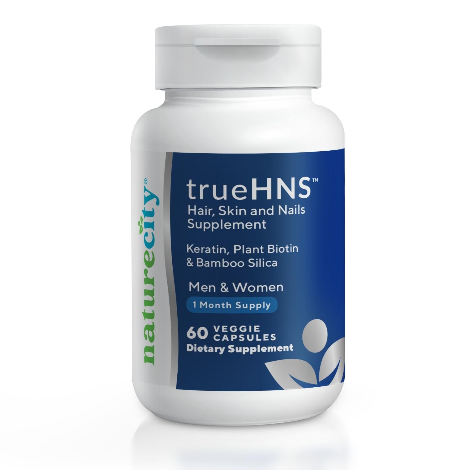 NatureCity True-HNS bottle front displays vegan capsules for hair and nails