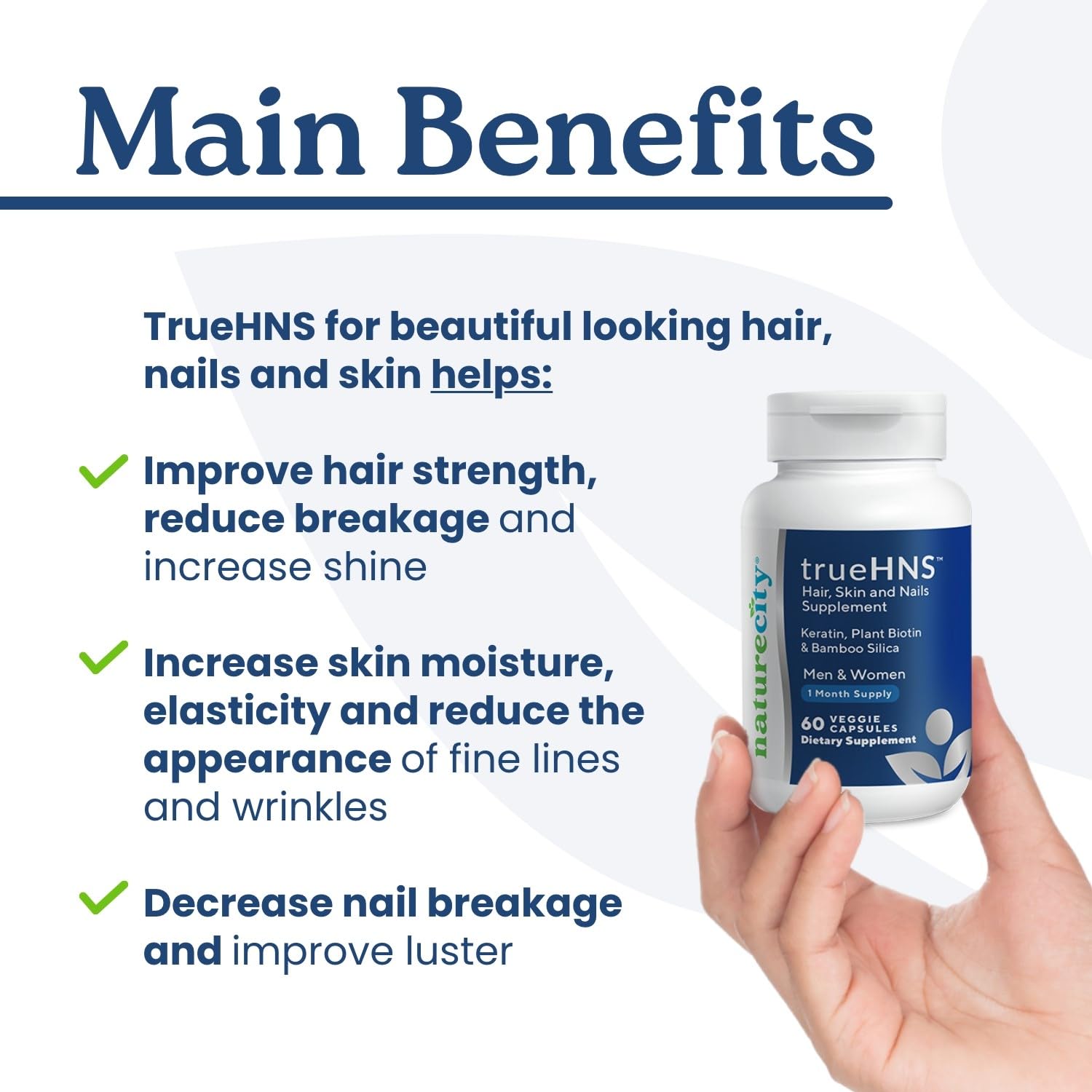 NatureCity True-HNS capsules close-up highlighting bioactive keratin