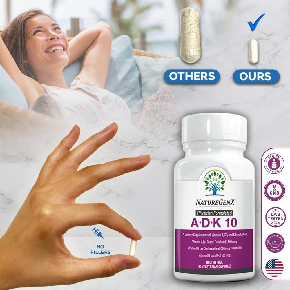 NatureGenX ADK10 bottle on kitchen counter with health-focused label