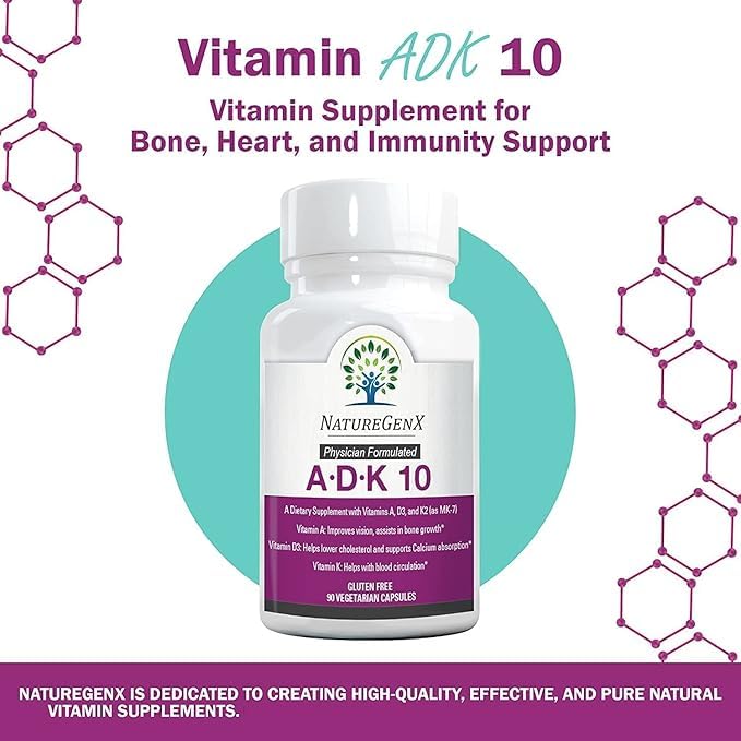 NatureGenX ADK10 bottle label close-up shows A, D3, K2 benefits for immune and bone health