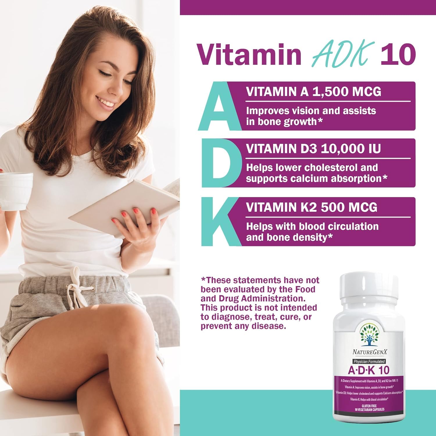NatureGenX ADK10 capsules close-up demonstrates plant-based, non-GMO capsules for daily use