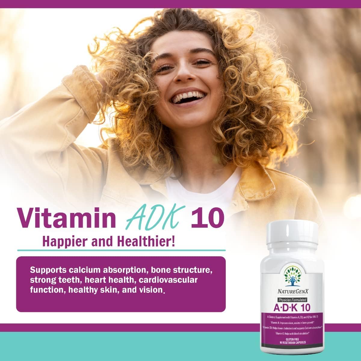 NatureGenX ADK10 dosage graphic illustrates 10,000 IU D3 and calcium support