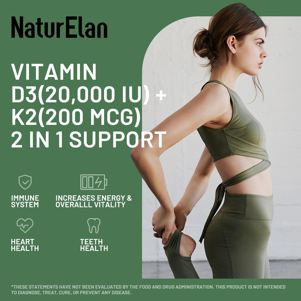 NaturElan Vitamin D3 K2 capsules close-up emphasizing purity and potency.