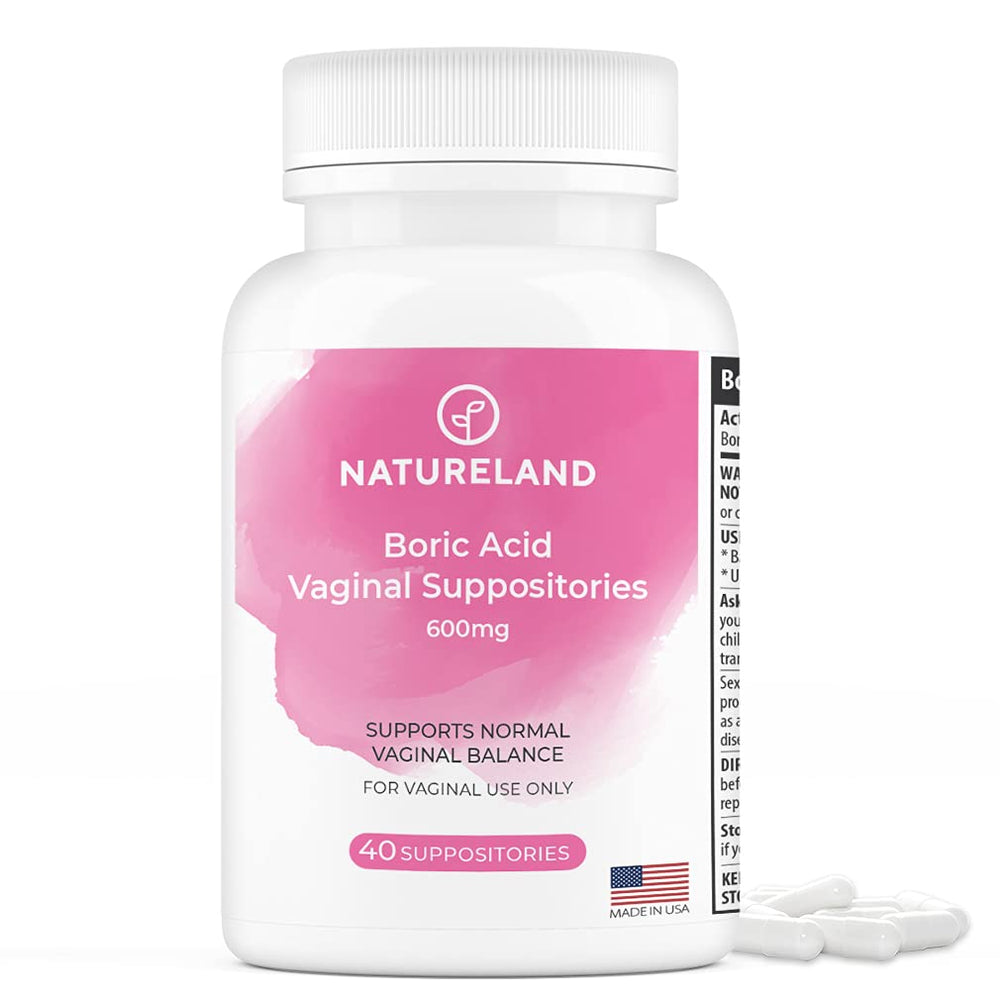 Natureland boric acid vaginal suppositories box front, quick discreet use.