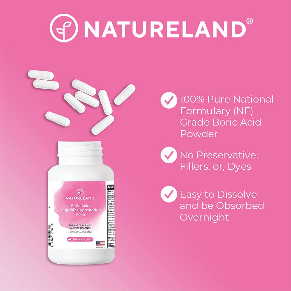 Natureland boric acid vaginal suppositories packaging closeup, unscented design.