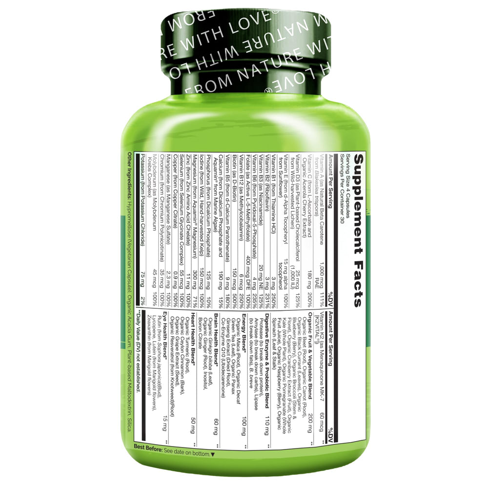Container showing 120 vegetarian capsules for a monthly supply