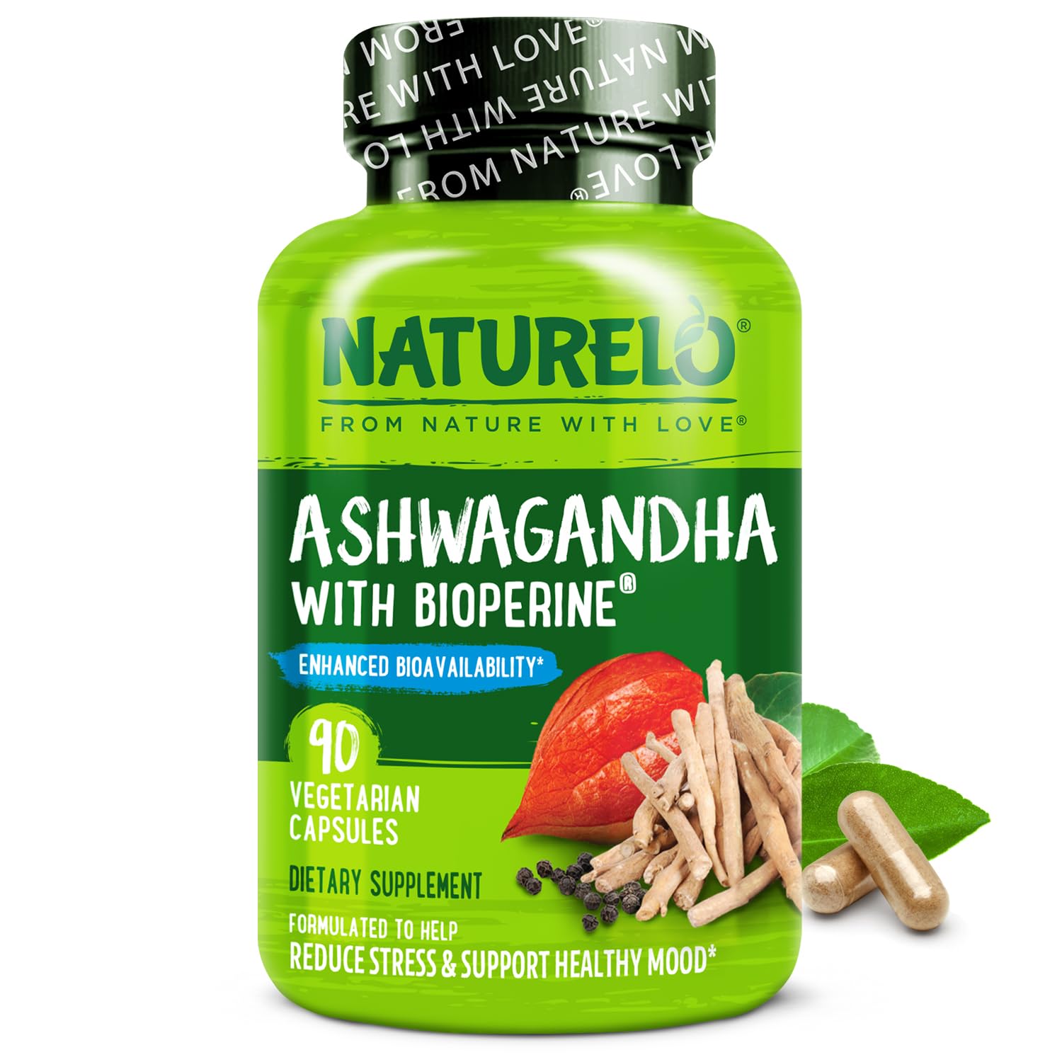 Naturelo Ashwagandha bottle on shelf for daily wellness support