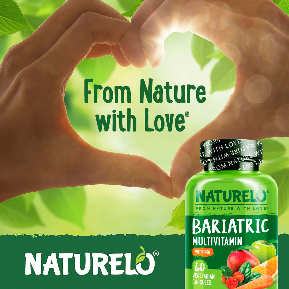 Naturelo Bariatric Multivitamin on a kitchen counter suggests convenient one-daily use.