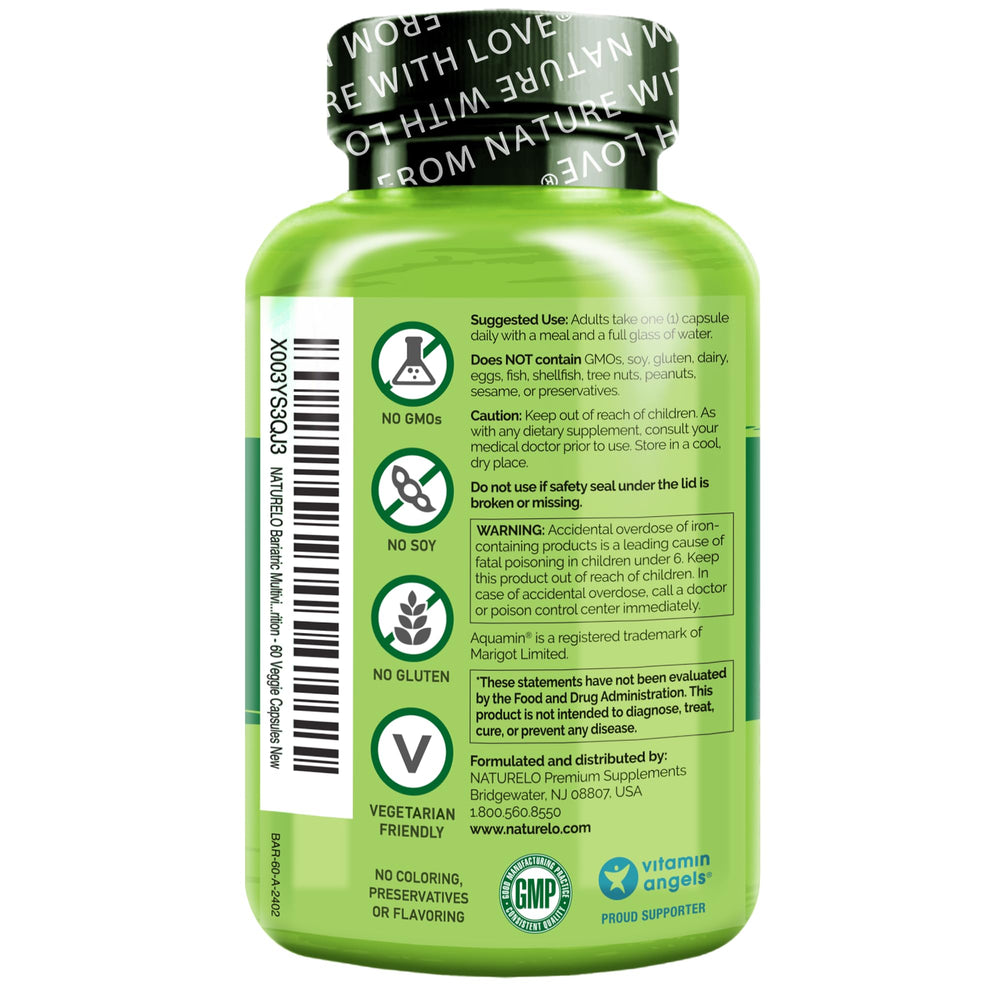 Naturelo Bariatric Multivitamin packaging emphasizes premium quality nutrition.