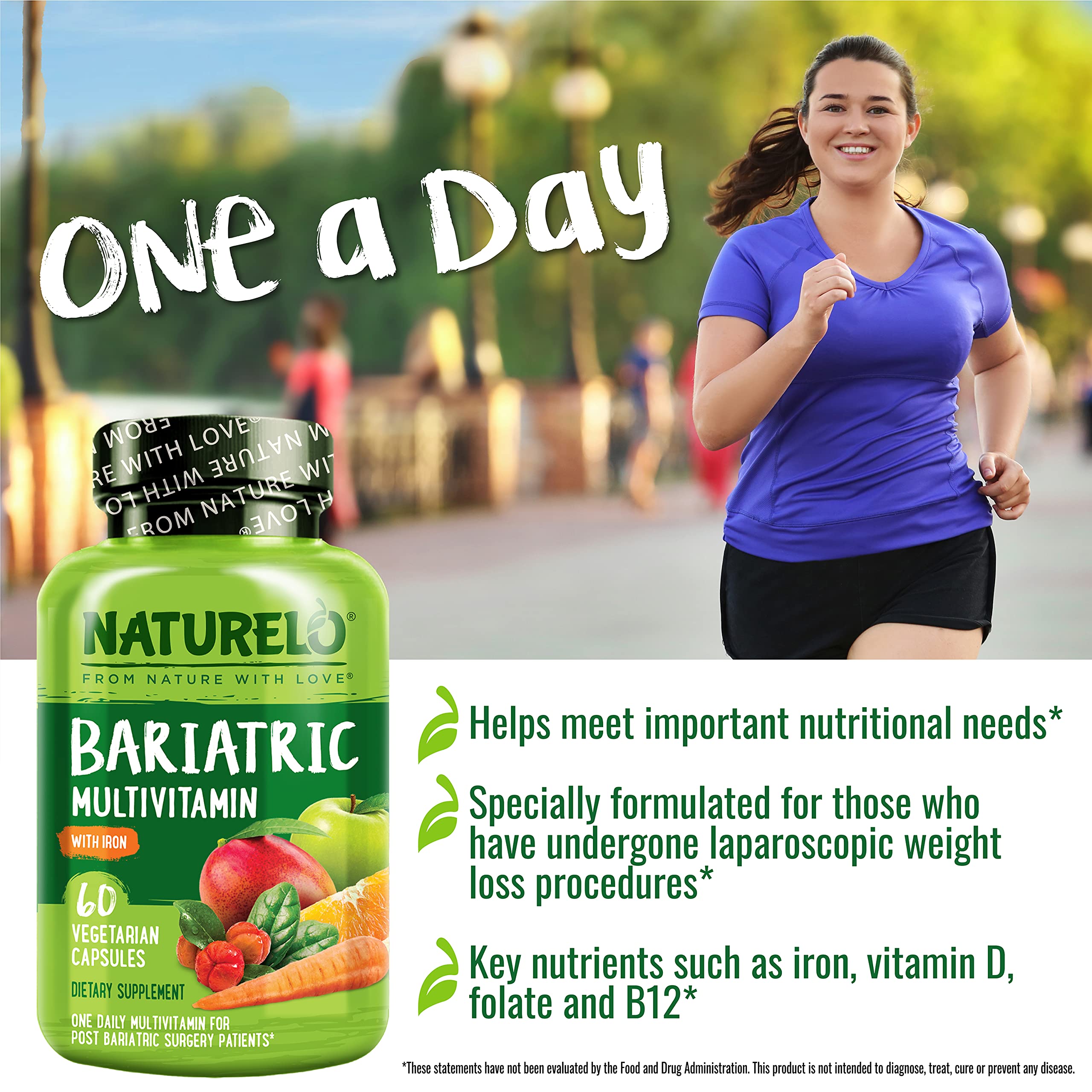 Naturelo Bariatric Multivitamin packaging showcases non-GMO and gluten-free quality.