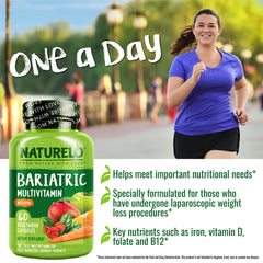 Naturelo Bariatric Multivitamin packaging showcases non-GMO and gluten-free quality.