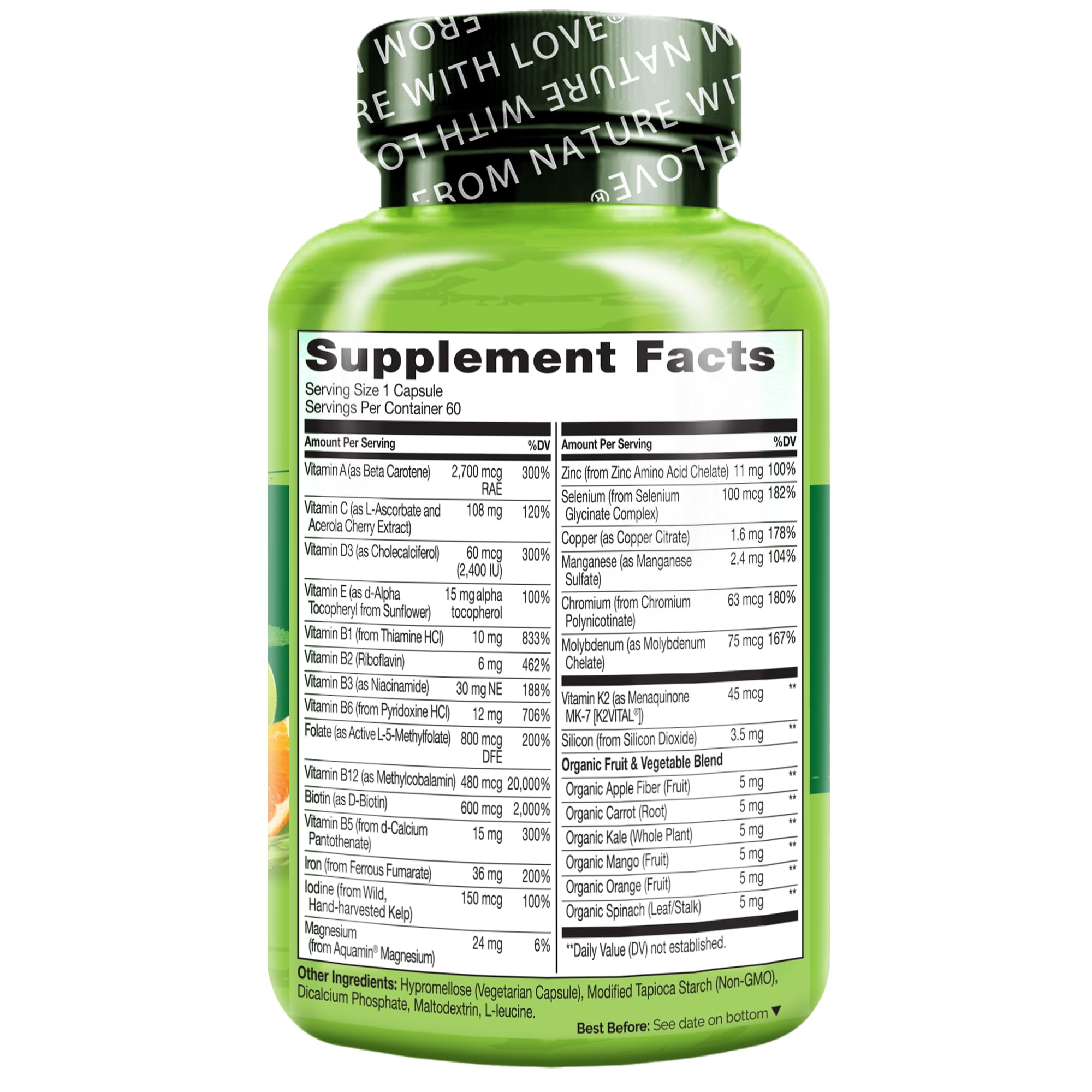 Naturelo Bariatric Multivitamin plant-based nutrients highlighted on the label.