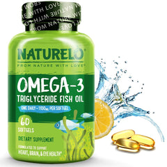 Naturelo burpless omega-3 bottle with lemon label emphasizes freshness and ease of use