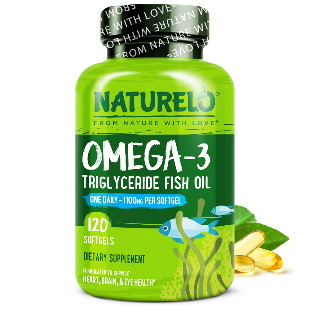 NATURELO Burpless Omega-3 bottle front shows clean label for daily heart support.